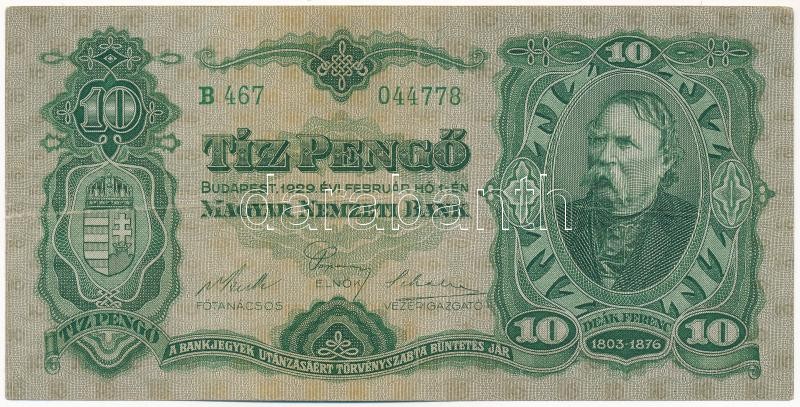 1929. 10P 'B 467 044778' T:III / Hungary 1929. 10 Pengő 'B 467 044778' C:F Adamo P8