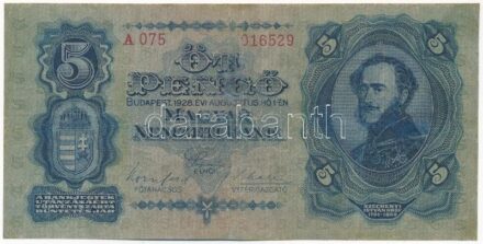 1928. 5P 'A 075 016529' T:III restaurált / Hungary 1928. 5 Pengő 'A 075 016529' C:F restored Adamo P4