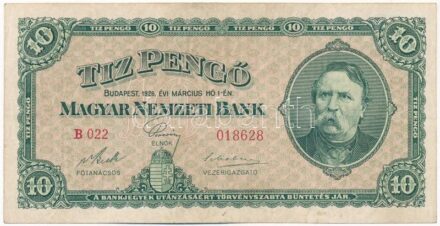 1926. 10P 'B 022 018628' T:III / Hungary 1926. 10 Pengő 'B 022 018628' C:F Adamo P7