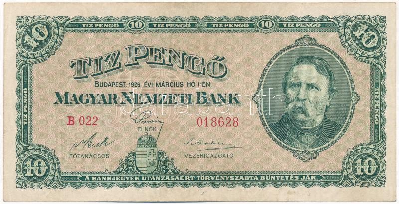 1926. 10P 'B 022 018628' T:III / Hungary 1926. 10 Pengő 'B 022 018628' C:F Adamo P7