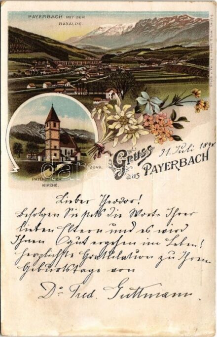 1898 (Vorläufer) Payerbach, Raxalpe, Kirche. Louis Glaser Art Nouveau, floral, litho