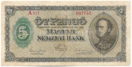 1926. 5P 'A 027 007740' T:III restaurált / Hungary 1926. 5 Pengő 'A 027 007740' C:F restored Adamo P3