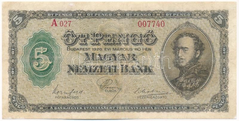 1926. 5P 'A 027 007740' T:III restaurált / Hungary 1926. 5 Pengő 'A 027 007740' C:F restored Adamo P3