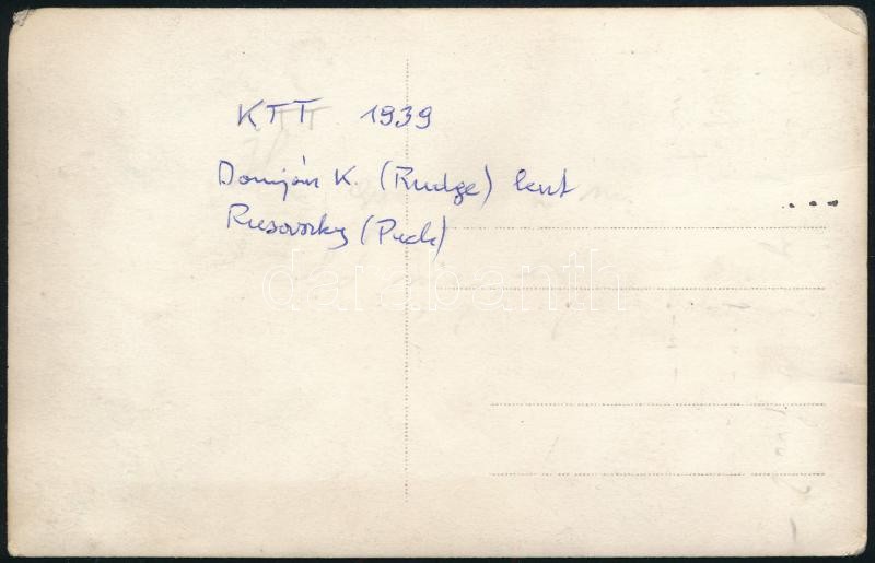 1939 KTT motorkerékpár-verseny, Domján K. és Rusovszky versenyzők a pályán, hátoldalán feliratozott fotólap, kis törésnyomokkal, 14x9 cm / Motorcycle race, photo, 14x9 cm - Image 2