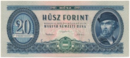 1957. 20Ft 'C 140 005853' T:I / Hungary 1957. 20 Forint 'C 140 005853' C:UNC Adamo F11