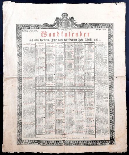 1841 Német nyelvű falinaptár Bánki Vajk Emil gyűjteményéből, nyomtatta: Johann Gyurian und Martin Bagó1schen königl. priv. Buchdruckerei Wasserstadt
