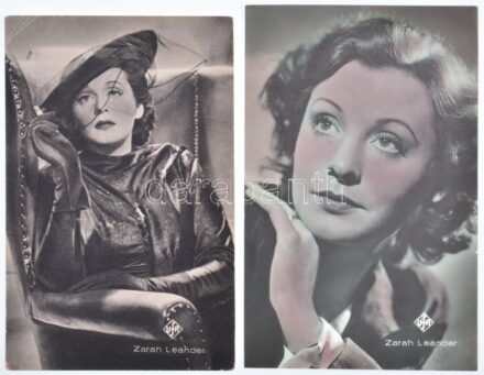 cca 1941 Zarah Leander (1907-1981) svéd színésznő, énekesnő, a hitleri Németország ünnepelt csillaga, UFA pozitív + fotólap, hátoldalán Zarah Leander magyar nyelvű üdvözletével és aláírásával, 14x9 cm / Zarah Leander