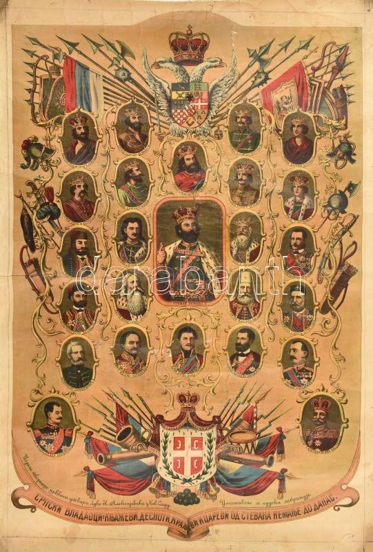 cca 1920 A szerb királyok és családjuk nagyméretű litografált képe, vásznon, gyűrődésekkel / Family tree of the Serbian kings and families. Large lithography on canvas, with creases 50x70 cm