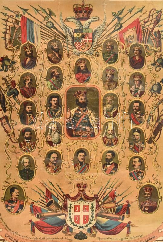cca 1920 A szerb királyok és családjuk nagyméretű litografált képe, vásznon, gyűrődésekkel / Family tree of the Serbian kings and families. Large lithography on canvas, with creases 50x70 cm - Image 2