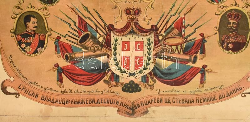 cca 1920 A szerb királyok és családjuk nagyméretű litografált képe, vásznon, gyűrődésekkel / Family tree of the Serbian kings and families. Large lithography on canvas, with creases 50x70 cm - Image 3