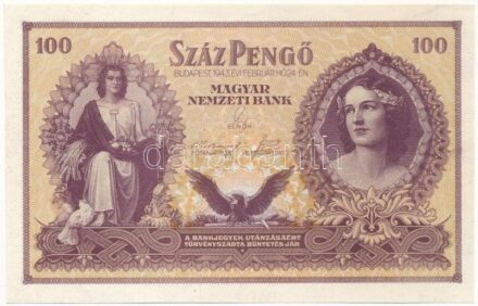 1943. 100P 'Szálasi-kiadás' kiadatlan, sor- és sorozatszám nélkül, ívből kivágva T:I- / Hungary 1943. 100 Pengő 'Szálasi edition' officialy unissued, without serial number, cut from sheet C:AU Adamo SPT18v