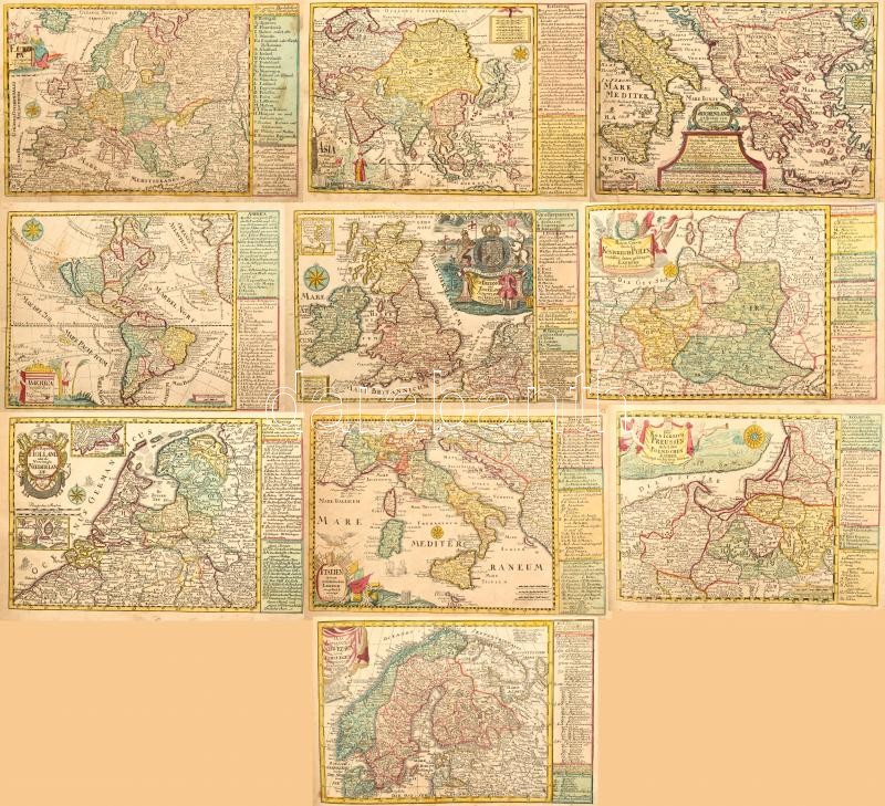 cca 1740-1750 Johann George Schreiber (1676-1750): Atlas Selectus von allen Koenigreichen und Ländern der Welt. Leipzig, én., Johann George Schreiber, 33 (kézzel színezett rézmetszetű térkép lap) t. Haránt-alakú félbőr-kötésben,