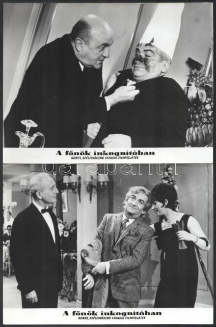 1966 ,,A főnök inkongnitóban' című francia film jelenetei és szereplői (köztük Louis Funes), 13 db vintage produkciós filmfotó, a film illusztrált magyar plakátját külön tételben ld. a plakátok között, 18x24 cm