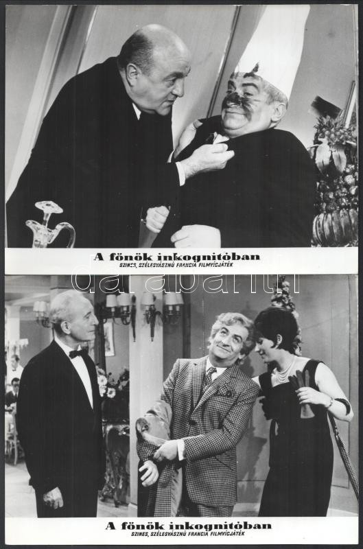 1966 ,,A főnök inkongnitóban' című francia film jelenetei és szereplői (köztük Louis Funes), 13 db vintage produkciós filmfotó, a film illusztrált magyar plakátját külön tételben ld. a plakátok között, 18x24 cm