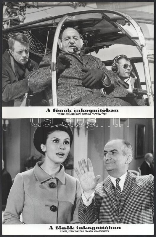 1966 ,,A főnök inkongnitóban' című francia film jelenetei és szereplői (köztük Louis Funes), 13 db vintage produkciós filmfotó, a film illusztrált magyar plakátját külön tételben ld. a plakátok között, 18x24 cm - Image 2