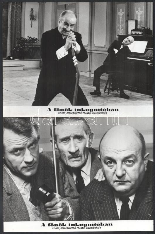 1966 ,,A főnök inkongnitóban' című francia film jelenetei és szereplői (köztük Louis Funes), 13 db vintage produkciós filmfotó, a film illusztrált magyar plakátját külön tételben ld. a plakátok között, 18x24 cm - Image 3