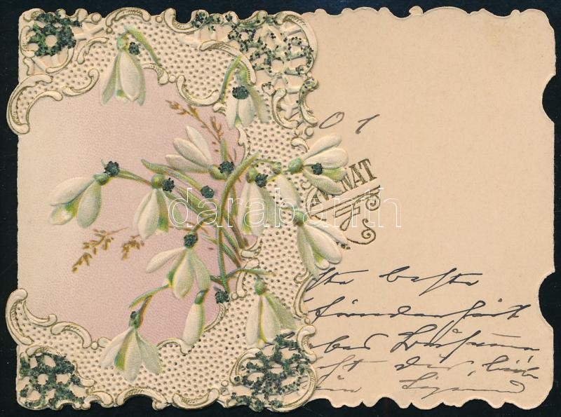 1901 'Szives Szerencse Kivánat', díszes csipkés litho üdvözlőkártya, kihajtható, rajta német nyelvű sorokkal, 11x8 cm