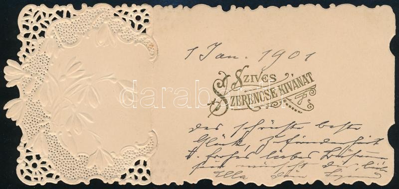 1901 'Szives Szerencse Kivánat', díszes csipkés litho üdvözlőkártya, kihajtható, rajta német nyelvű sorokkal, 11x8 cm - Image 2