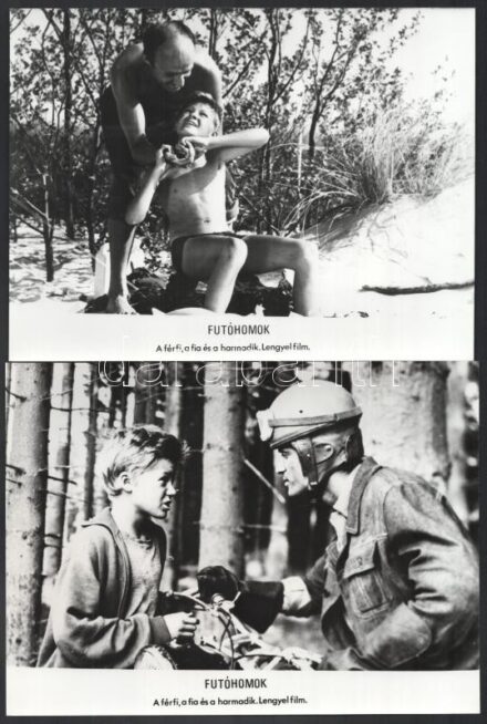 ,,Futóhomok' című lengyel film jelenetei és szereplői, 13 db vintage produkciós filmfotó, a film illusztrált magyar plakátját külön tételben ld. a plakátok között, 18x24 cm