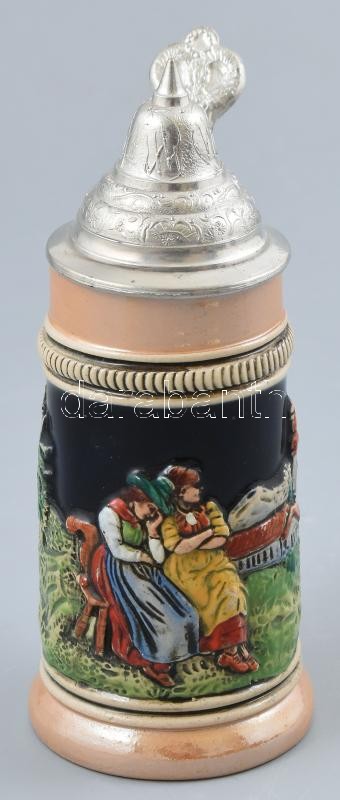 Német steinzeug, ónfedeles sörös korsó, jelzett: Egon Bay, kopott, m:15cm