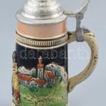Német steinzeug, ónfedeles sörös korsó, jelzett: Egon Bay, kopott, m:15cm - Image 2