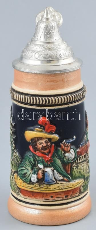 Német steinzeug, ónfedeles sörös korsó, jelzett: Egon Bay, kopott, m:15cm