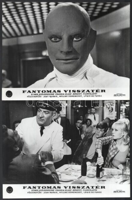 1965 ,,Fantomas visszatér' című francia-olasz film jelenetei és szereplői (köztük Louis Funes), 13 db vintage produkciós filmfotó, a film illusztrált magyar plakátját külön tételben ld. a plakátok között, 18x24 cm
