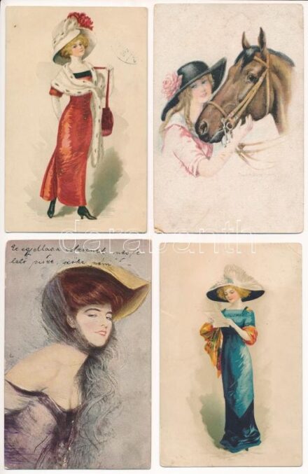 4 db RÉGI motívum képeslap: hölgyek kalappal / 4 pre-1945 motive postcards: ladies with hats