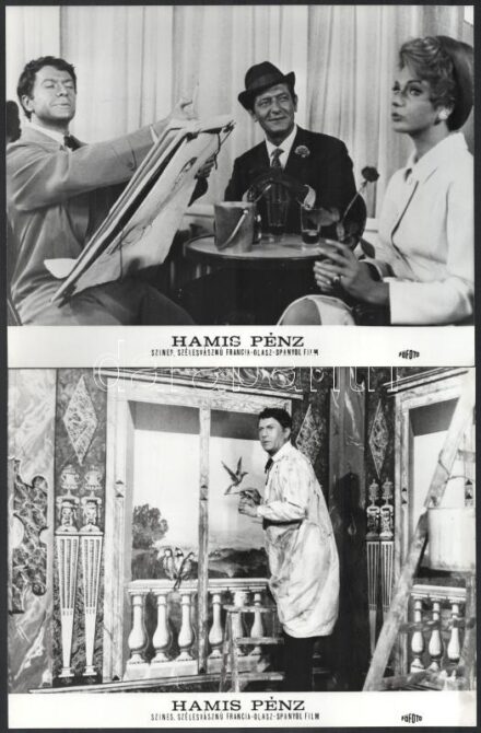 1966 ,,Hamis pénz' című francia-olasz-spanyol' film jelenetei és szereplői, 13 db vintage produkciós filmfotó, a film illusztrált magyar plakátját külön tételben ld. a plakátok között, 18x24 cm