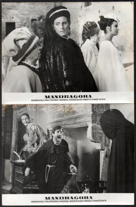1965 ,,Mandragora' című olasz-francia film jelenetei és szereplői, 13 db vintage produkciós filmfotó, néhány képen kisebb barna foltok, a film illusztrált magyar plakátját külön tételben ld. a plakátok között, 18x24 cm
