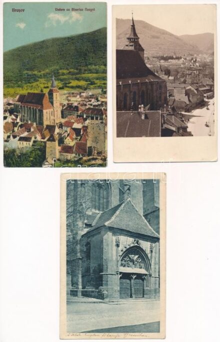 Brassó, Kronstadt, Brasov; - 3 db RÉGI város képeslap (Fekete templom) / 3 pre-1945 town-view postcards (Biserica Neagra)