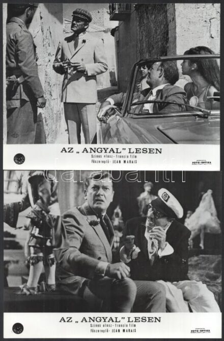 1966 ,,Az Angyal lesen' című francia film jelenetei és szereplői (köztük Jean Marais főszereplő), 13 db vintage produkciós filmfotó, a film illusztrált magyar plakátját külön tételben ld. a plakátok között, 18x24 cm