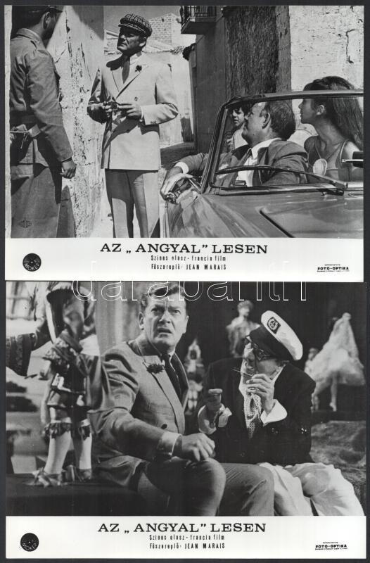 1966 ,,Az Angyal lesen' című francia film jelenetei és szereplői (köztük Jean Marais főszereplő), 13 db vintage produkciós filmfotó, a film illusztrált magyar plakátját külön tételben ld. a plakátok között, 18x24 cm