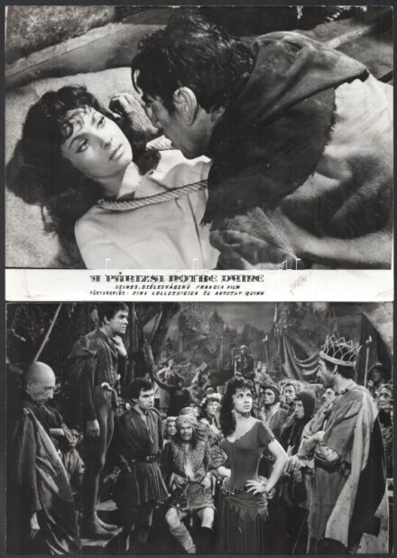 1956 ,,A párizsi Notre-Dame' című francia film jelenetei és szereplői (köztük Gina Lollobrigida és Anthony Quinn), 5 db vintage produkciós filmfotó, ezüstzselatinos fotópapíron, 18x24 cm