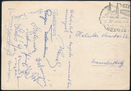 1959 Haladás Vasutas SE-nek küldött levelezőlap a Szegedi nemzetközi Maratonversenyről 13 versenyző aláírásával / Marathonist athletes autograph signed postcard
