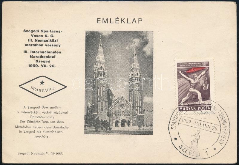 1959 Haladás Vasutas SE-nek küldött levelezőlap a Szegedi nemzetközi Maratonversenyről 13 versenyző aláírásával / Marathonist athletes autograph signed postcard - Image 2