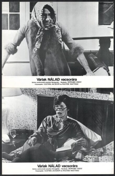 1978 ,,Várlak nálad vacsorára' című amerikai film jelenetei és szereplői (köztük Walter Matthau és Glenda Jackson), 12 db vintage produkciós filmfotó ofszet eljárással, egyoldalasan, kartonra nyomtatva, 18x24 cm