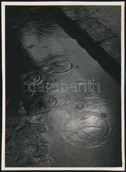 cca 1932 Kinszki Imre (1901-1945) budapesti fotóművész aláírással és pecséttel jelzett vintage fotóművészeti alkotása (esőcseppek az út széli tócsában), ezüstzselatinos fotópapíron, 17,5x12,8 cm / Imre Kinszki (1901-1945): Photo