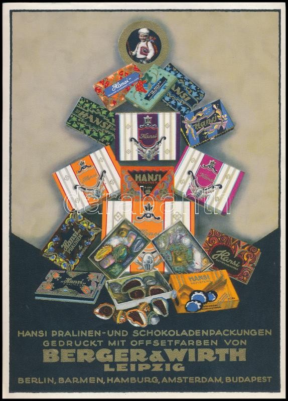 cca 1910-1920 Berger & Wirth Leipzig (Berlin, Barmen, Hamburg, Amsterdam, Budapest) Hansi Pralinen- und Schokoladenpackungen, rendkívül dekoratív német csokoládépapír-reklám, jó állapotban, 29x21 cm