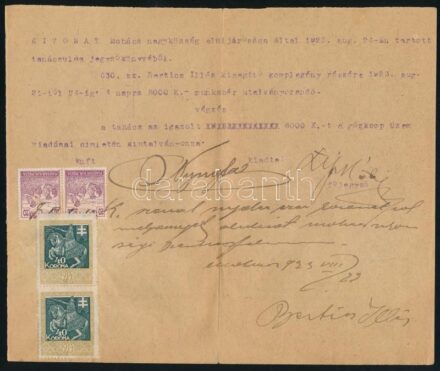 1923 Kivonat 2x20f postabélyeggel + 2x40K illetékbélyeggel illetékelve.