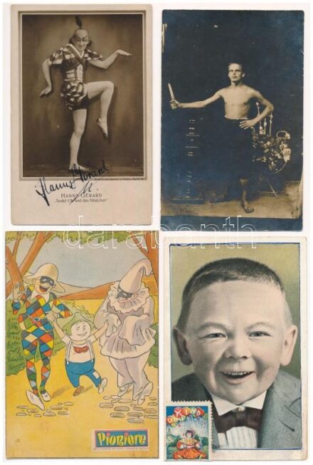8 db RÉGI cirkusz motívum képeslap: artisták, bohócok, stb. 3 lapon aláírással / 8 pre-1945 circus motive postcards: acrobats, clowns, etc. 3 cards with signatures