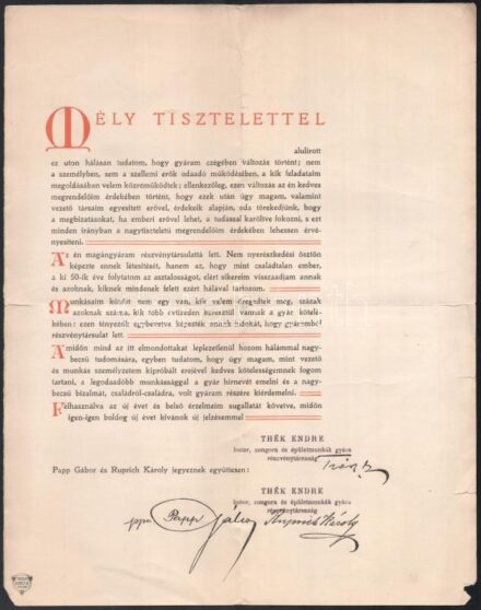 cca 1900-1910 Thék Endre Bútor, Zongora és Épületmunkák Gyára Rt. tájékoztatása a gyár részvénytársasággá alakulásáról, a vezetőségi tagok nyomtatott aláírásaival, Bp., 'Pátria'-ny., hajtva, szélein néhány kisebb