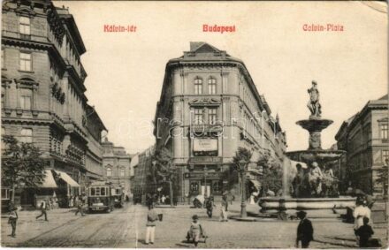 1913 Budapest VIII. Kálvin tér, villamos, szökőkút, Magyar Lámpagyár, üzletek (EK)