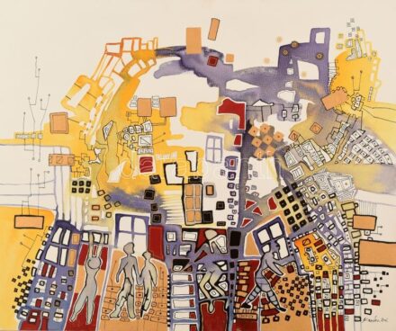 Krnács Ágota (1976-): Honvágy, 2006. Ecolin, színes tus, karton, jelezve jobbra lent, hátoldalán címkén feliratozott. 50x60 cm / Ágota Krnács (1976-): Homesick, 2006. Ecolin and ink on board, signed lower right, with description on the