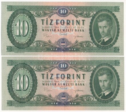 1969. 10Ft (2x) sorszámkövetők 'A 701 091851 - A 701 091852' T:I / Hungary 1969. 10 Forint (2x) consecutive serials ''A 701 091851 - A 701 091852' C:UNC Adamo F7