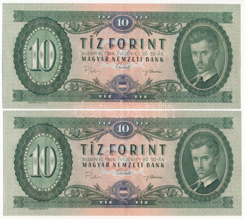 1969. 10Ft (2x) sorszámkövetők 'A 701 091851 - A 701 091852' T:I / Hungary 1969. 10 Forint (2x) consecutive serials ''A 701 091851 - A 701 091852' C:UNC Adamo F7