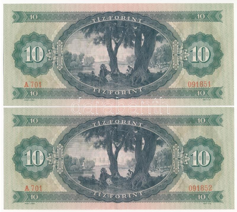 1969. 10Ft (2x) sorszámkövetők 'A 701 091851 - A 701 091852' T:I / Hungary 1969. 10 Forint (2x) consecutive serials ''A 701 091851 - A 701 091852' C:UNC Adamo F7 - Image 2