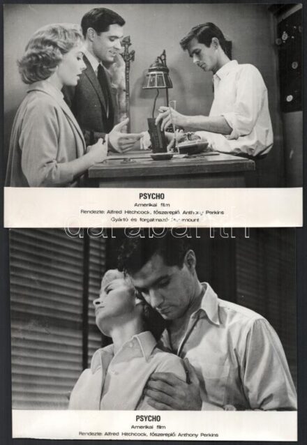 1960 Alfred Hitchcock ,,Psycho' című filmjének jelenetei és szereplői, 19 db vintage produkciós filmfotó, 18x24 cm és 24x16 cm között