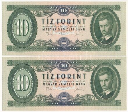 1975. 10Ft (2x) sorszámkövetők 'A 108 111823 - A 108 111824' T:I- / Hungary 1975. 10 Forint (2x) consecutive serials 'A 108 111823 - A 108 111824' C:AU Adamo F8