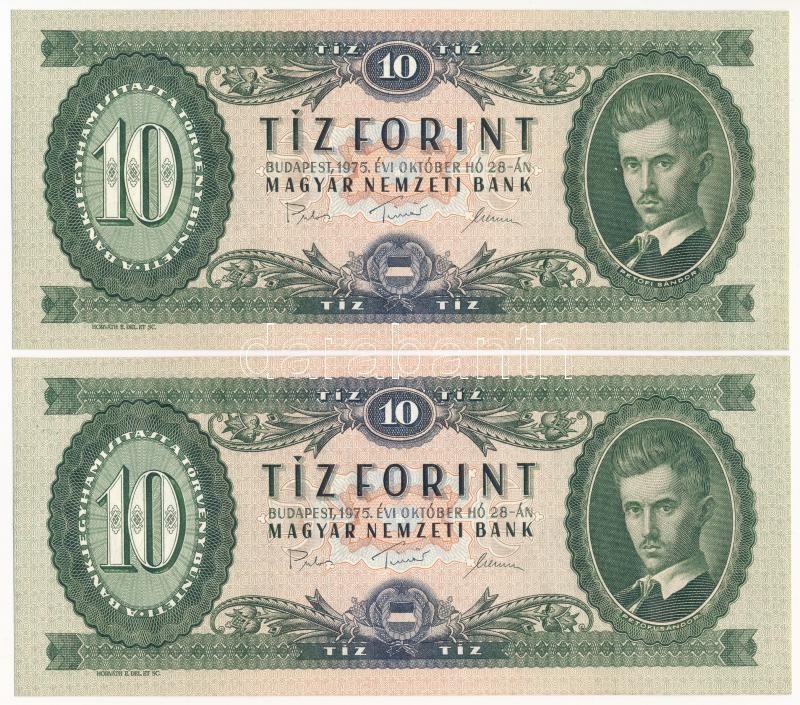 1975. 10Ft (2x) sorszámkövetők 'A 108 111823 - A 108 111824' T:I- / Hungary 1975. 10 Forint (2x) consecutive serials 'A 108 111823 - A 108 111824' C:AU Adamo F8